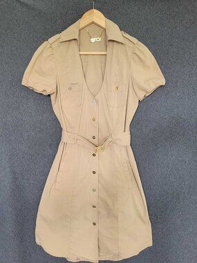 LaRok Khaki Tan Utility Safari Shirt Dress XS Military Office Siren Neutral